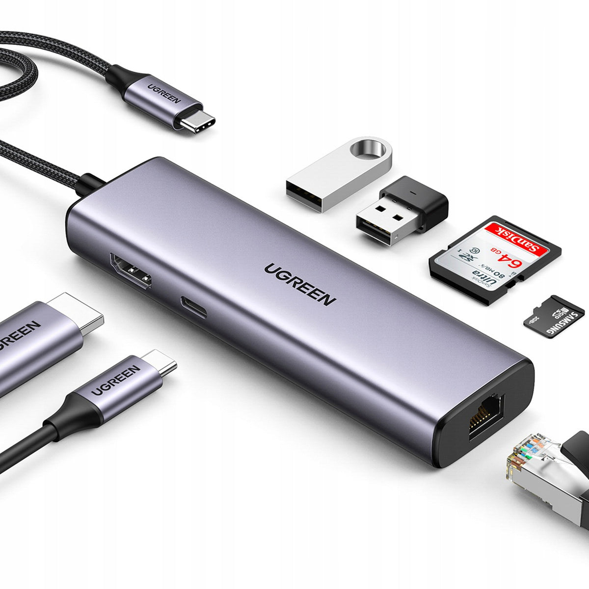 ADAPTER HUB USB-C 8IN1 USB-A HDMI RJ45 SD/TF 4K 30HZ PD 100W GREY 5GBPS Manufacturer Ugreen