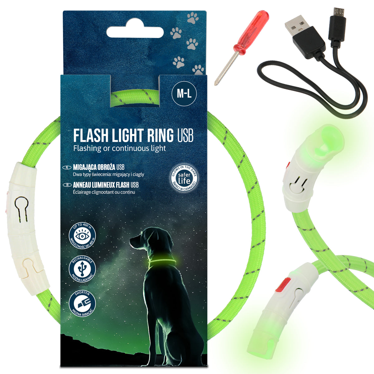 Dog Collar 45cm REFLECTIVE GLOWING DARK LED Light ADJUSTABLE ES