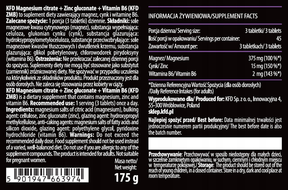KFD ZMB 135 tab Magnesium Zinc B6 Gluconate Citrate Muscle Regeneration Sleep Packaging status original