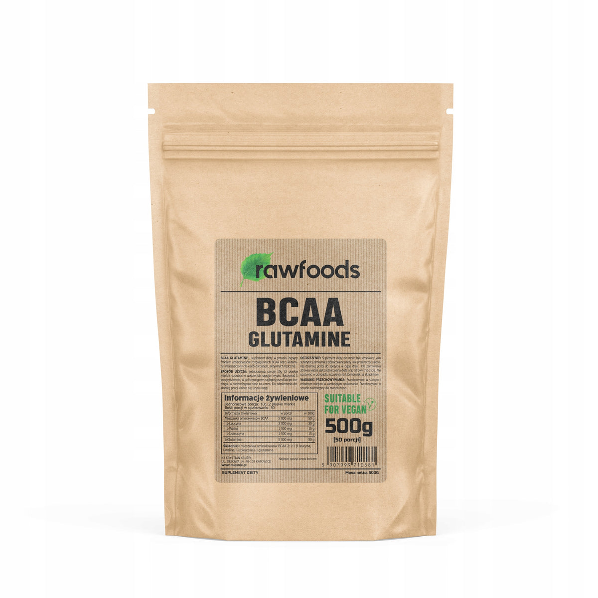 RAWFOODS BCAA GLUTAMINE 500G AMINO ACIDS GLUTAMINE ANTI-CATABOLIC NATURAL