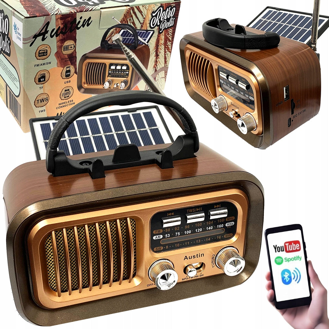 Retropolis AUSTIN Vintage Radio Retro Solar USB microSD Bluetooth 1200mAh