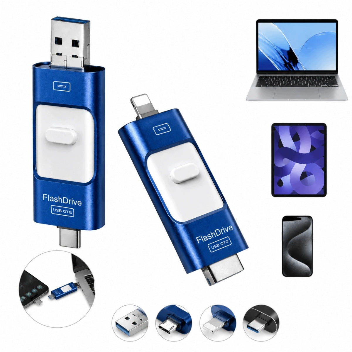 128GB USB Flash Drive 4-in-1 for iPhone, Android, USB-C, PC, Mac - Lightning Connector, New