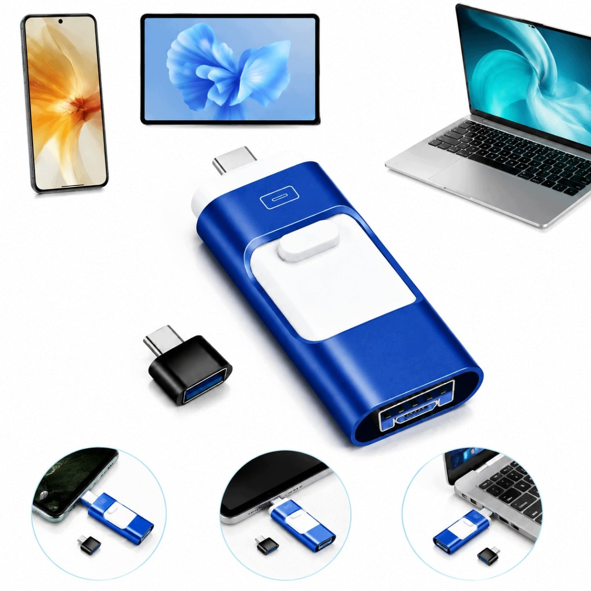 128GB USB Flash Drive 4-in-1 for iPhone, Android, USB-C, PC, Mac (Lightning Connector)