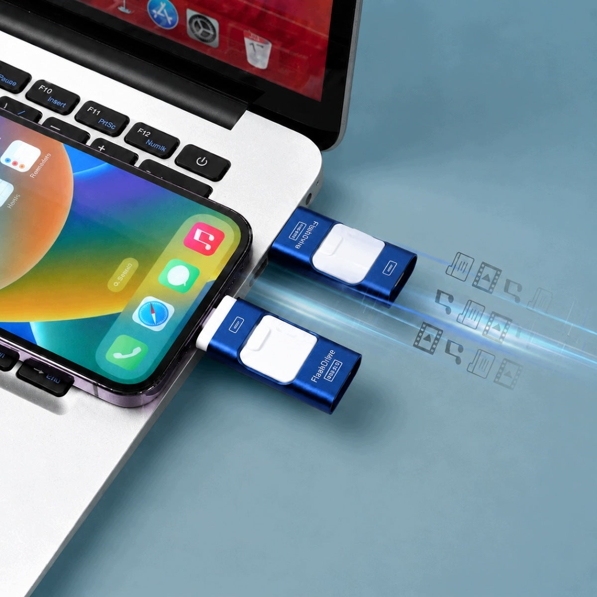 128GB USB Flash Drive - USB 3.0, USB-C, Lightning, Micro USB Compatible Color blue