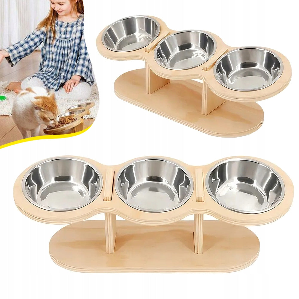 15° RAISED WOODEN STAND WITH 3 STEEL BOWLS FOR DOGS AND CATS