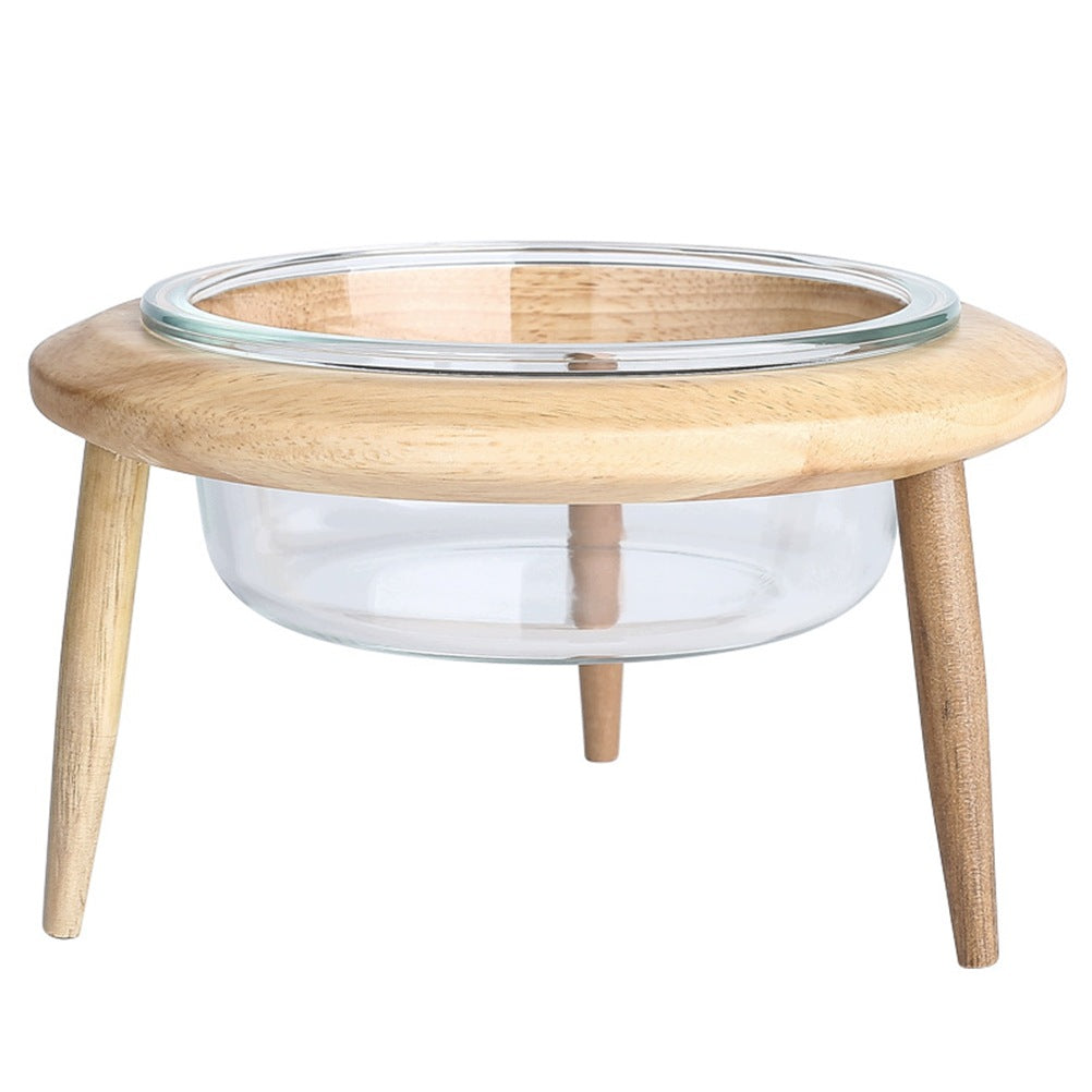 1Set Khaki Pet Glass Bowl with Wood Base Neck Protection Feeder