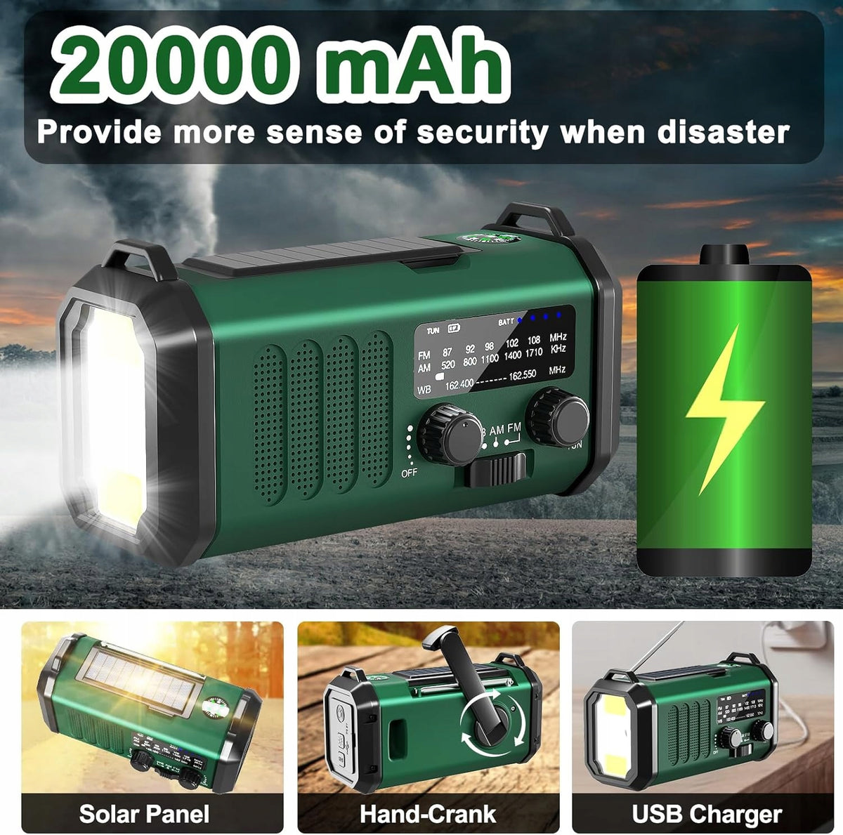 20000mAh Emergency Radio Solar Weather AM FM SOS with USB Charger and Brand PowerReg