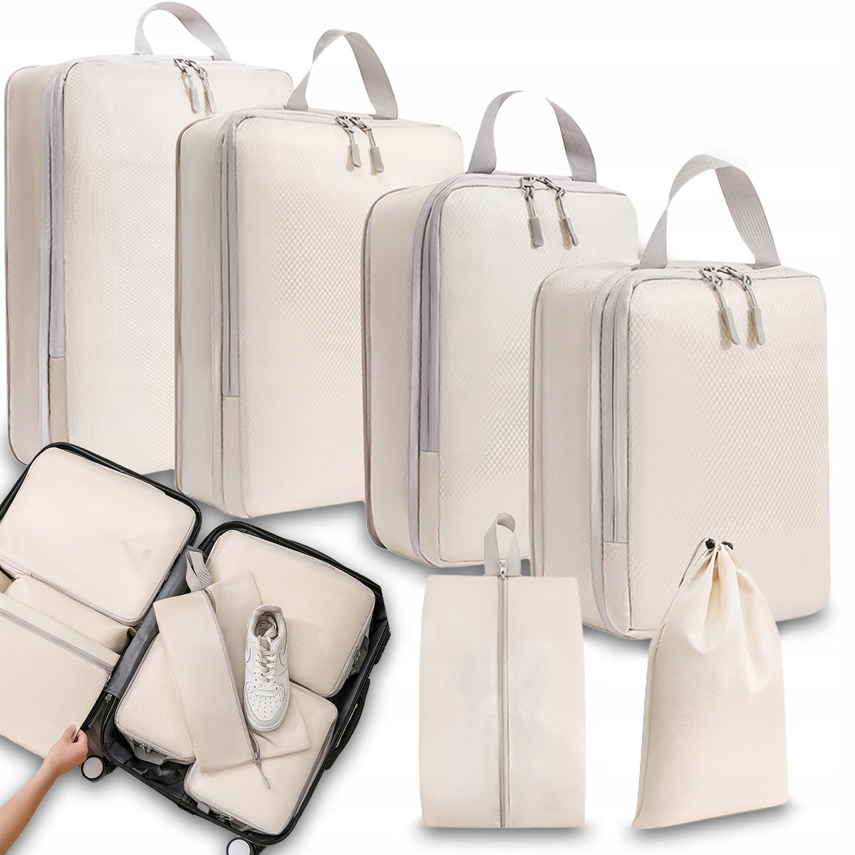 2X COMPRESSION ORGANIZERS FOR TRAVEL SUITCASE BAGS SET OF 6 BEIGE