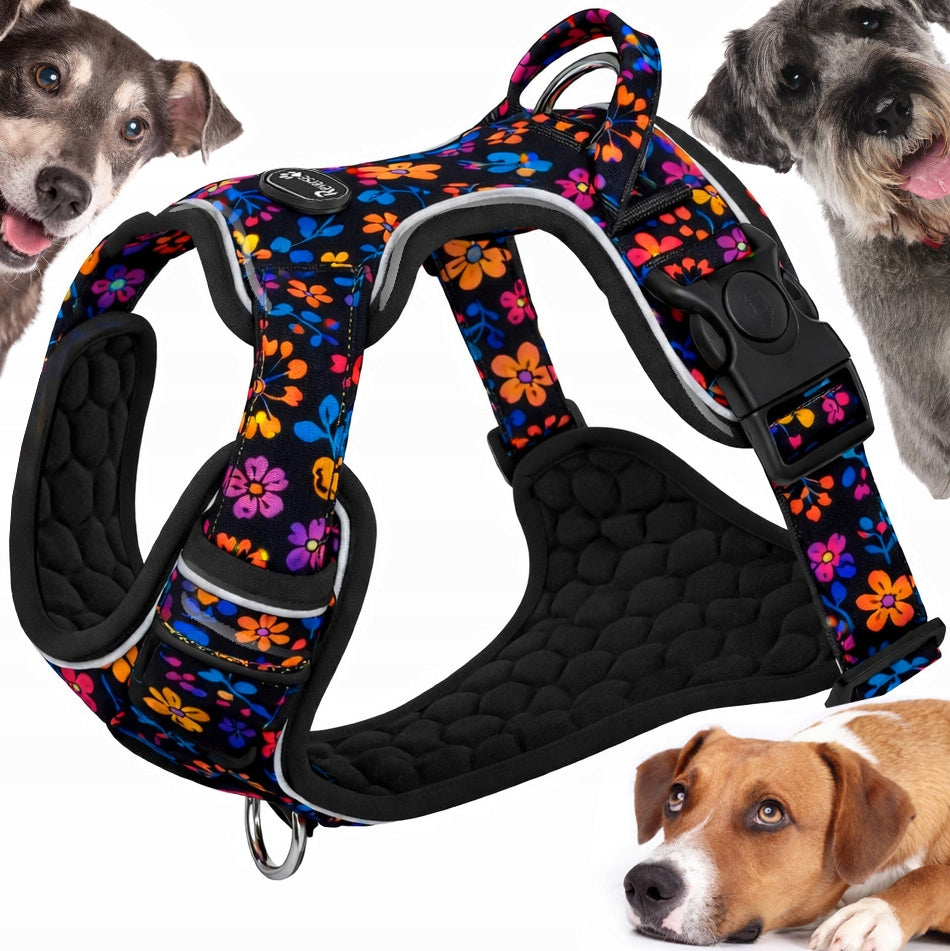 2X PRESSURE-FREE WALKING HARNESS GUARD FOR DOG STRONG SOFT STRONG FLOWERS r.