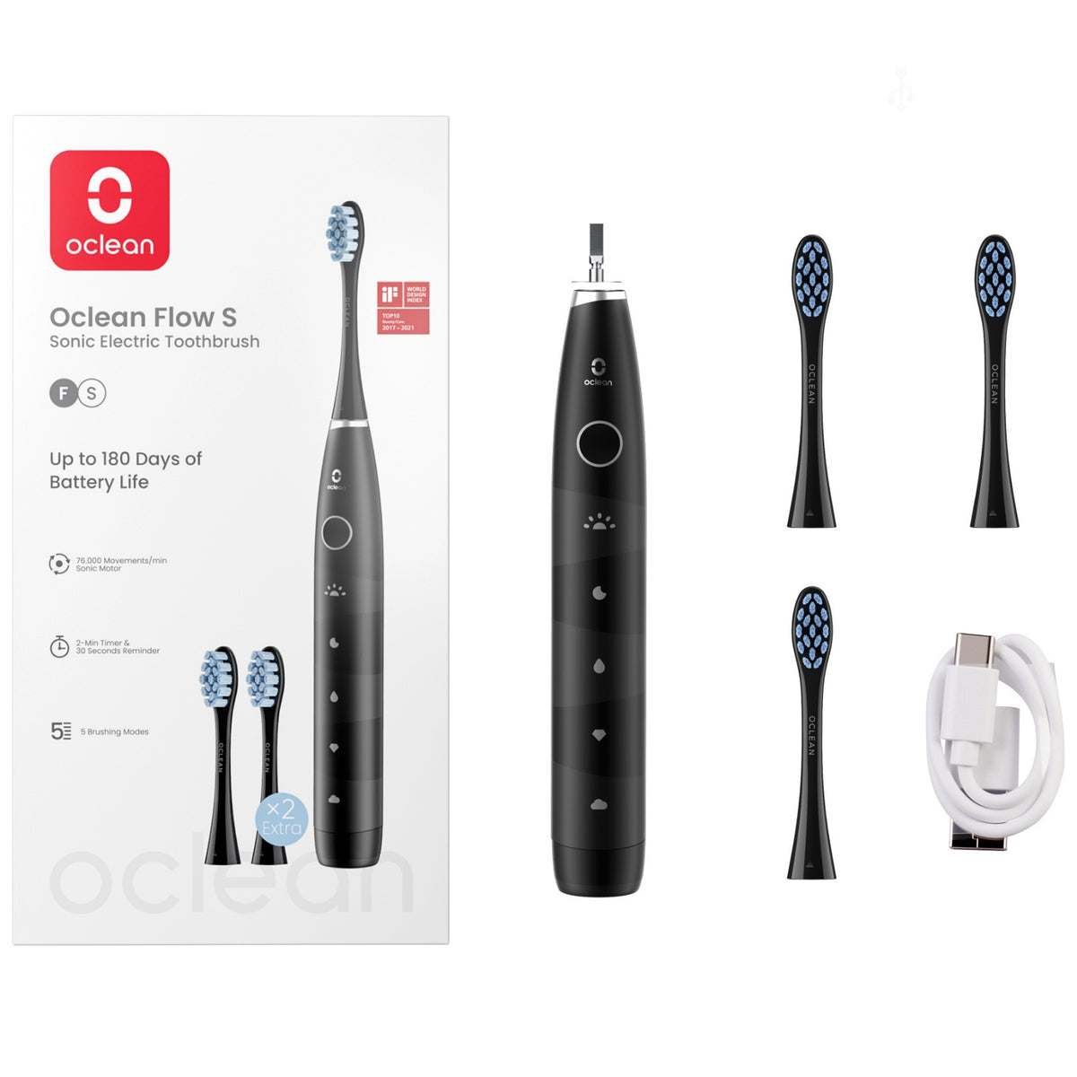 2X Sonic toothbrush OCLEAN Flow S black 3 tips SET