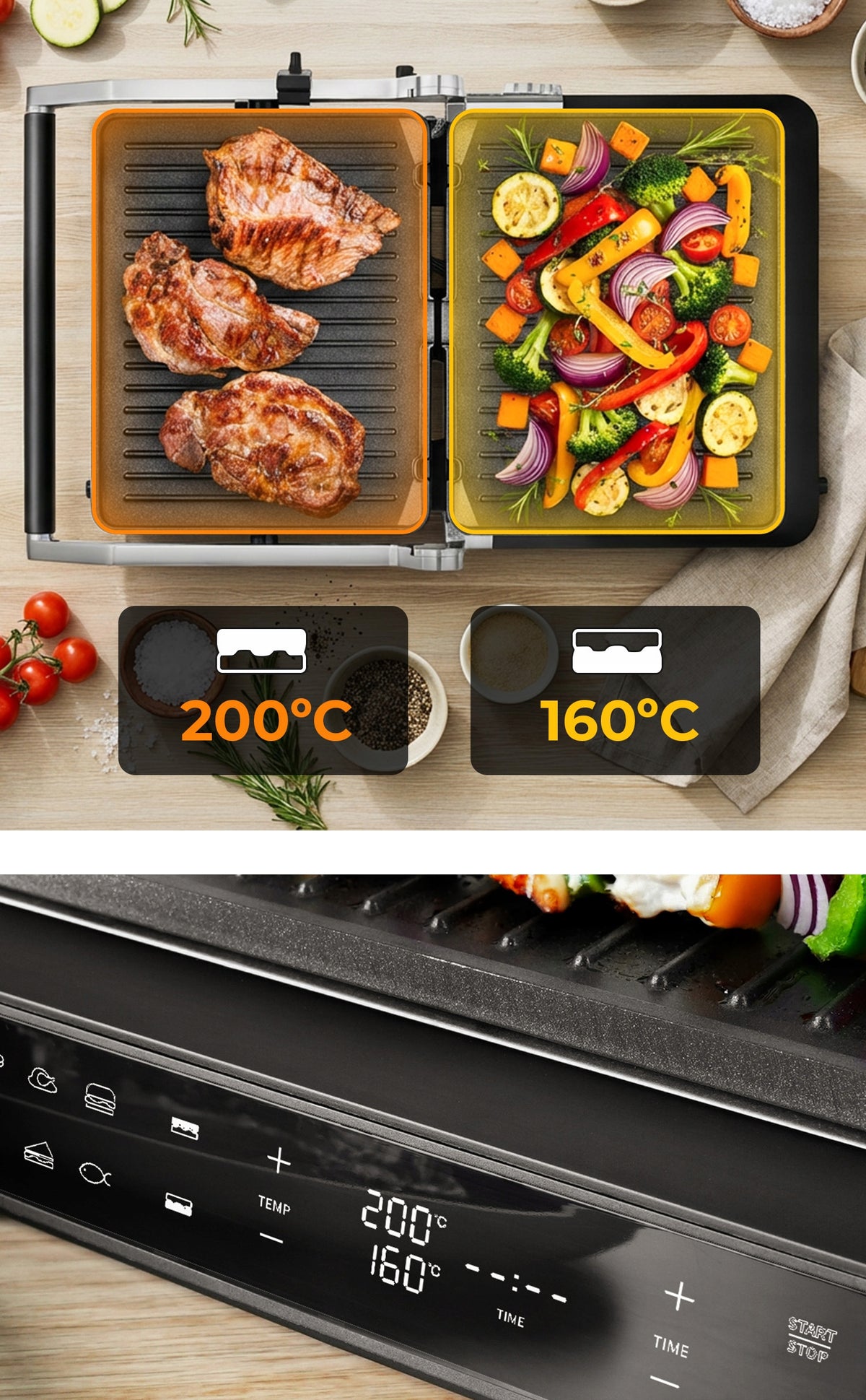 2x Electric Grill 2000w Toaster Reclining Timer 2 Thermostats 6 Programs Brand Mozano