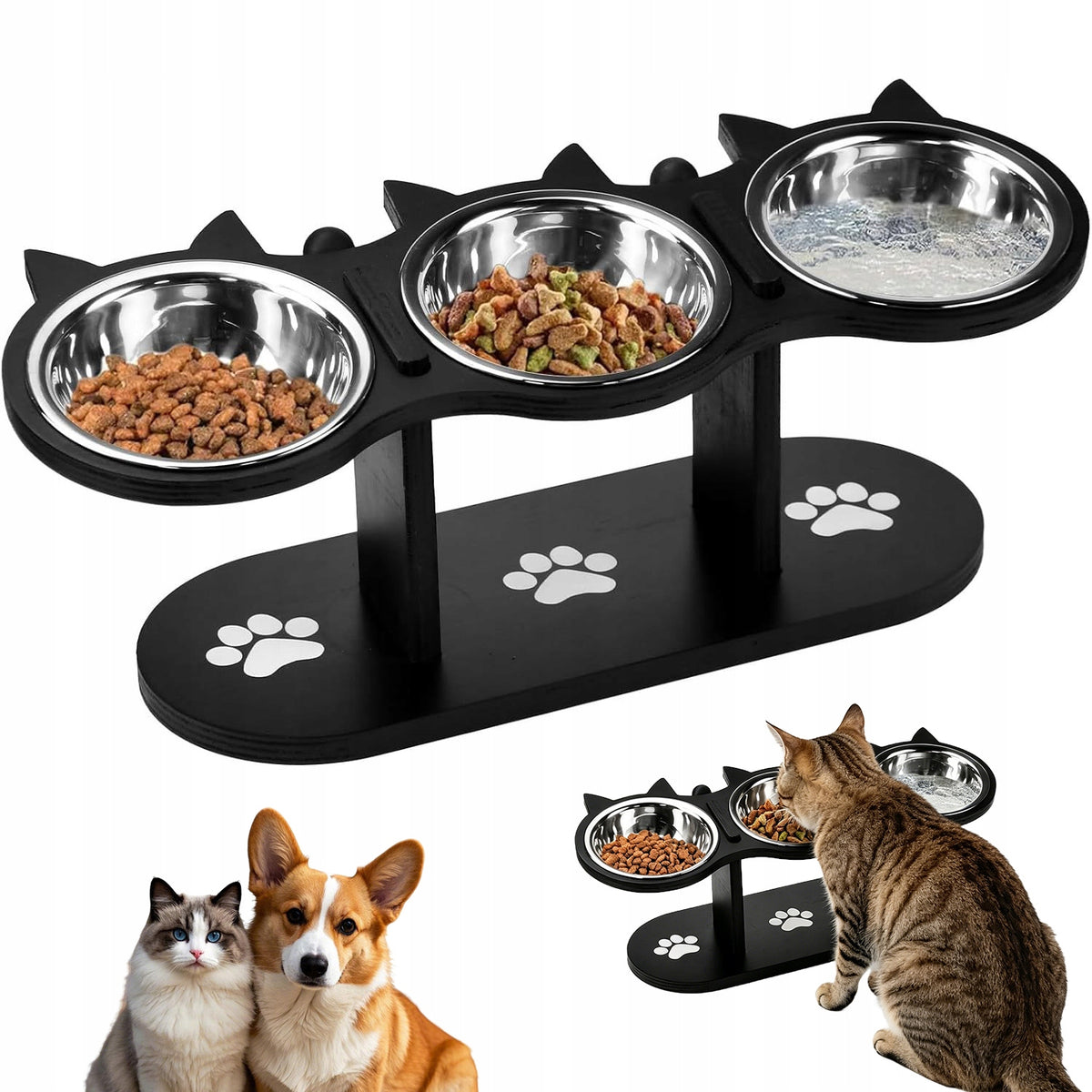 3 CERAMIC BOWLS FOR CAT/SMALL DOG – 15° SLOPE, STABLE STAND
