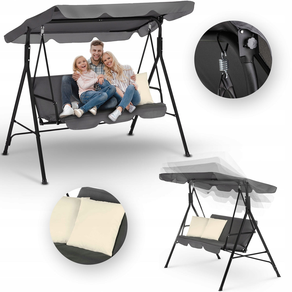 3 SEATER FREESTANDING GARDEN SWING WITH VISOR AND CUSHIONS LUVERNO