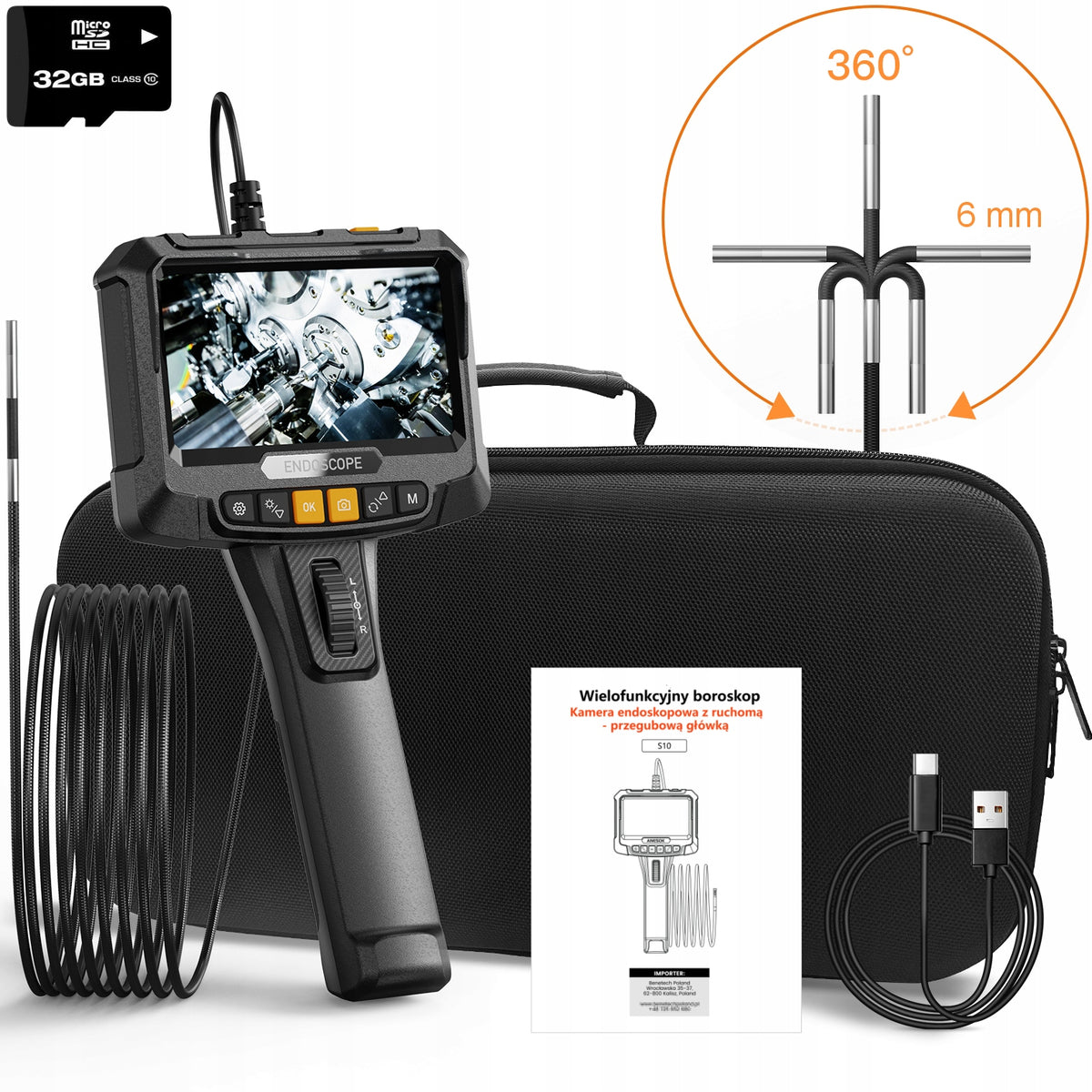 360° ROTATING INSPECTION ENDOSCOPE LED SCREEN 32GB SD IP67 2m 6mm CAMERA