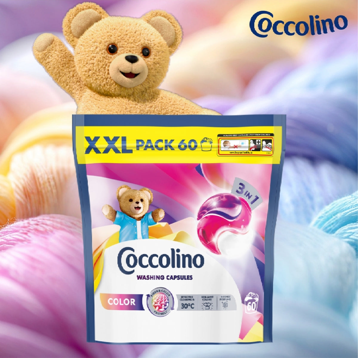 3IN1 CAPSULES FOR WASHING THE COLOR OF COLORED FABRICS COCCOLINO COLOR XXL 60 WASHES Packaging status original