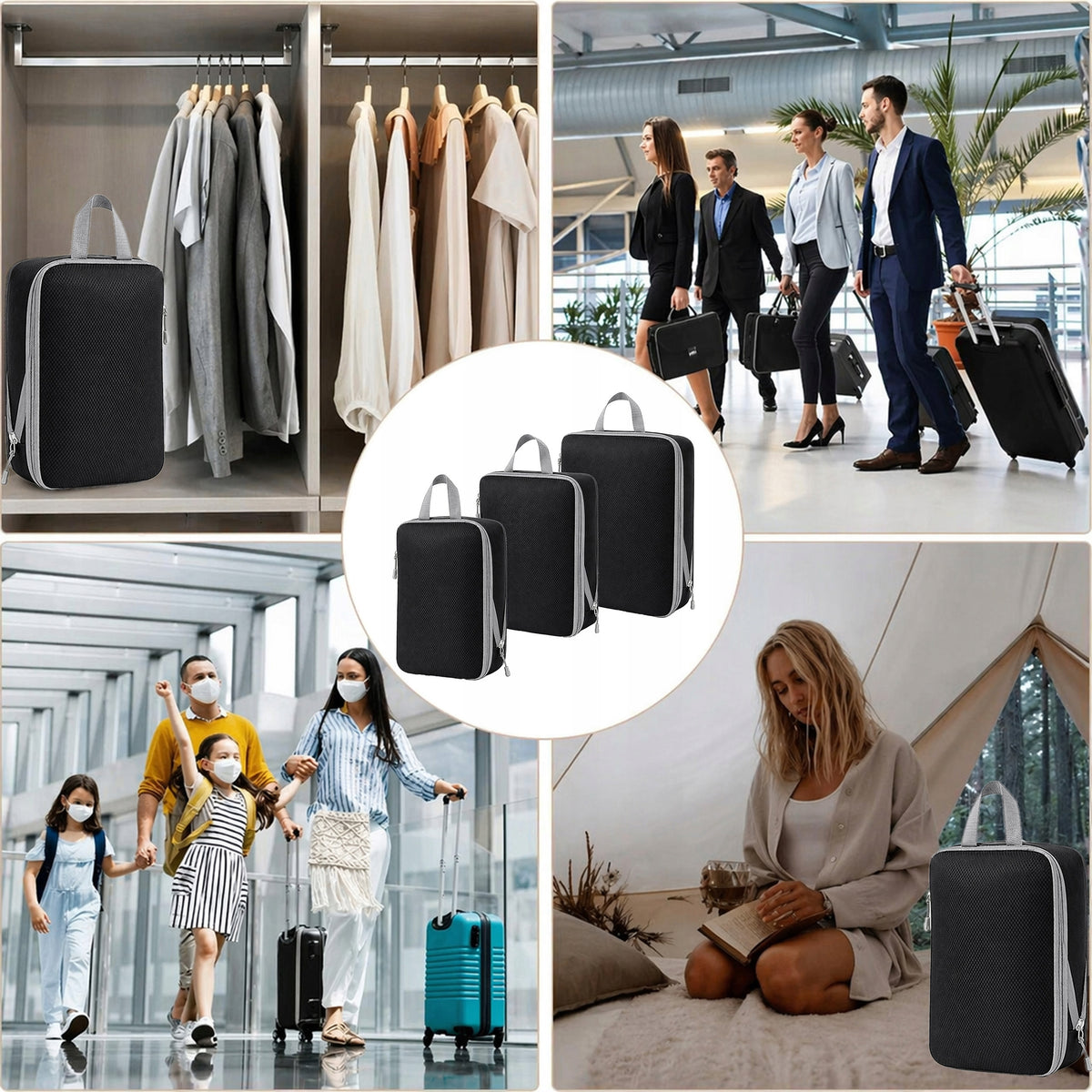 3x COMPRESSION ORGANIZER FOR PACKING SUITCASES TRAVEL BAGS BLACK SET Packaging status original