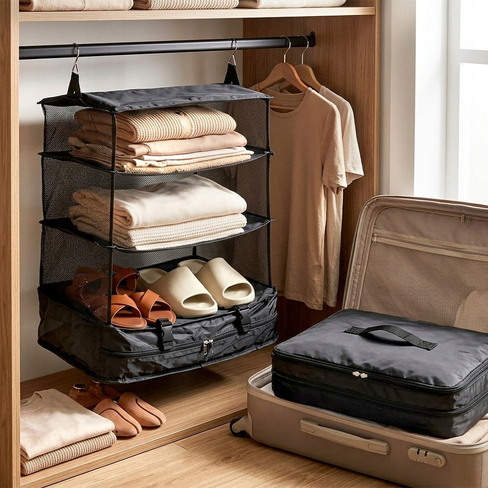 4-Tier Hanging Suitcase Travel Organizer Color black