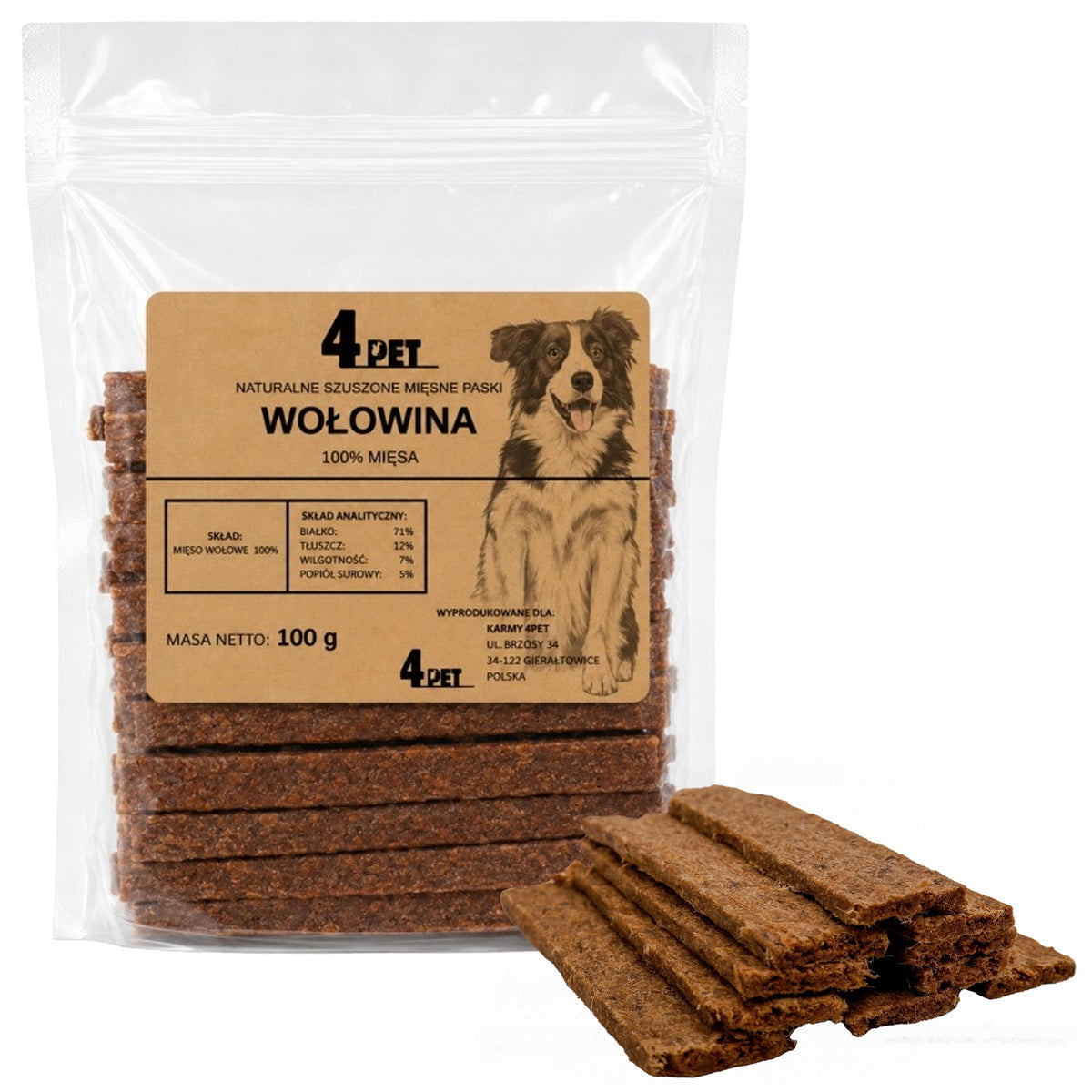 4PET Dog Teether Beef Meat Strips Premium Natural Treat 100g