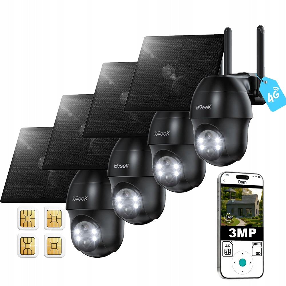 4pcs Outdoor Camera 3MPX 4G LTE Rotating Home Monitoring with SIM Card