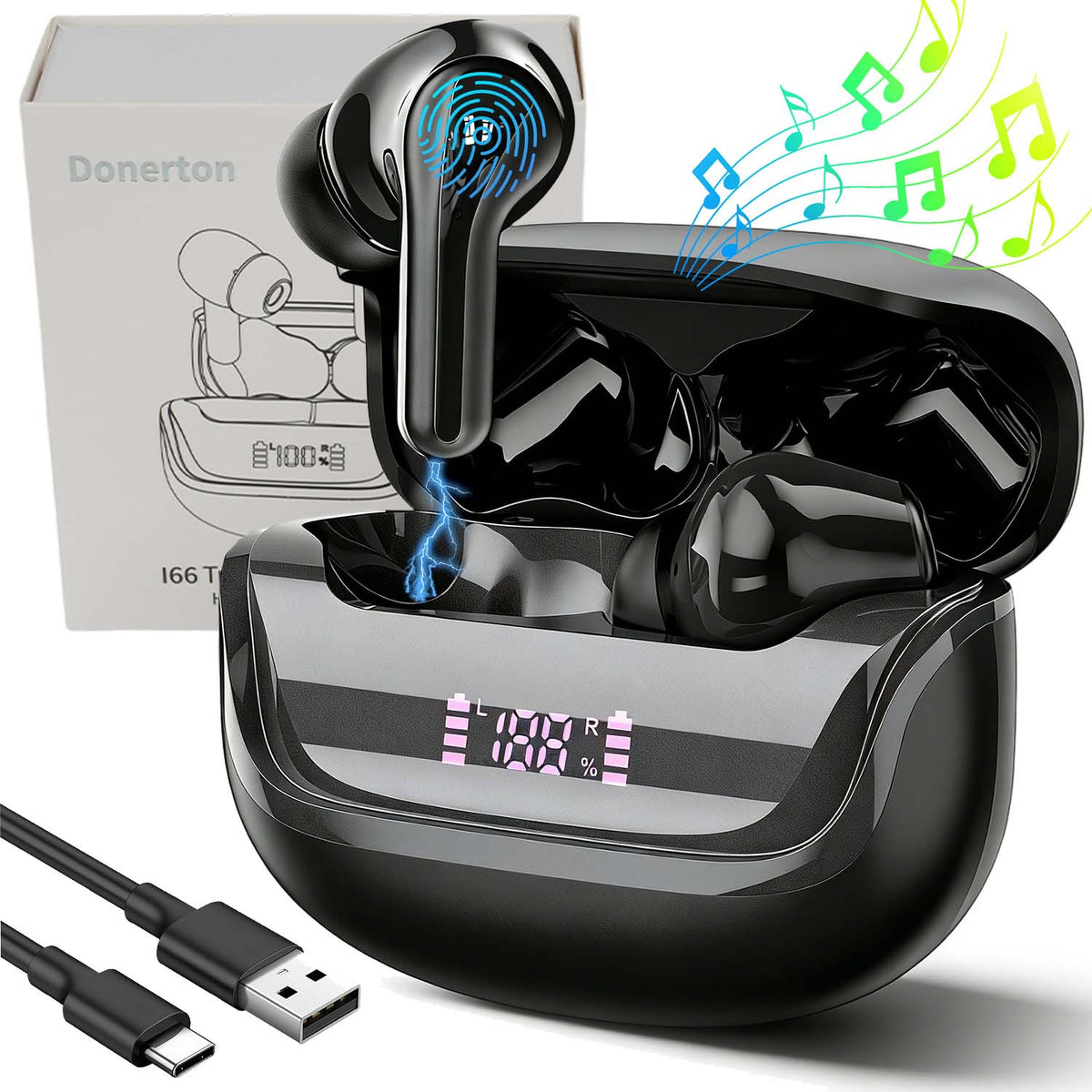5.4 TRUE WIRELESS EARBUDS BLACK WITH LED DISPLAY SCREEN