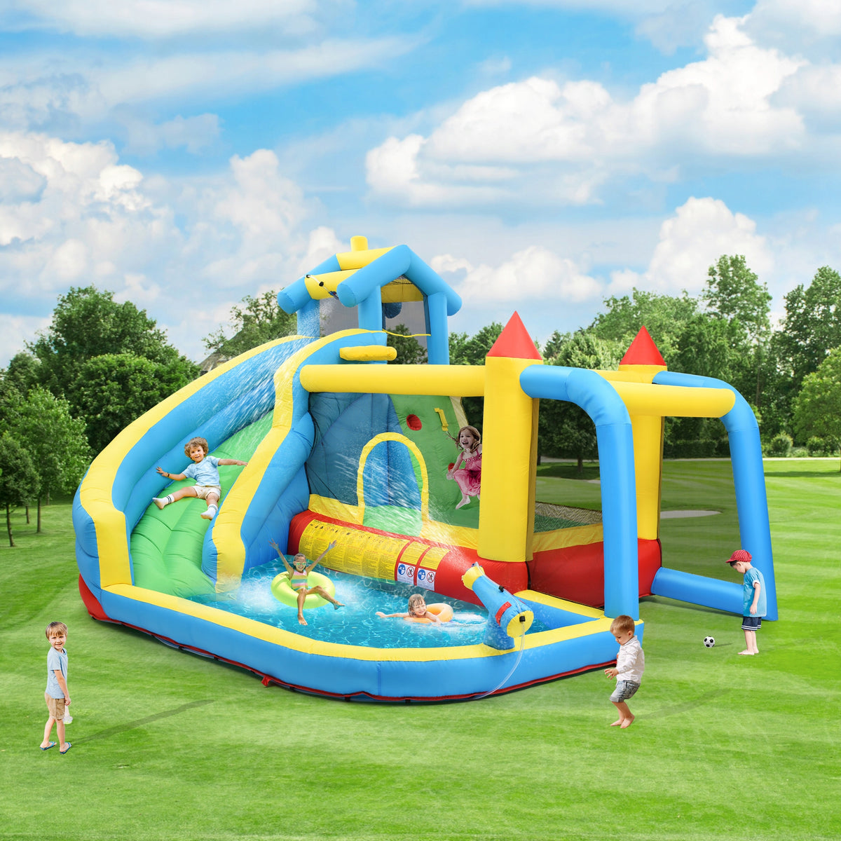 5-in-1 Inflatable Castle with Slide, Pool and Football Net