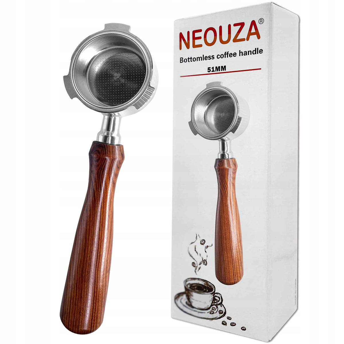 51MM STAINLESS STEEL BOTTOMLESS PORTAFILTER WITH WOODEN HANDLE