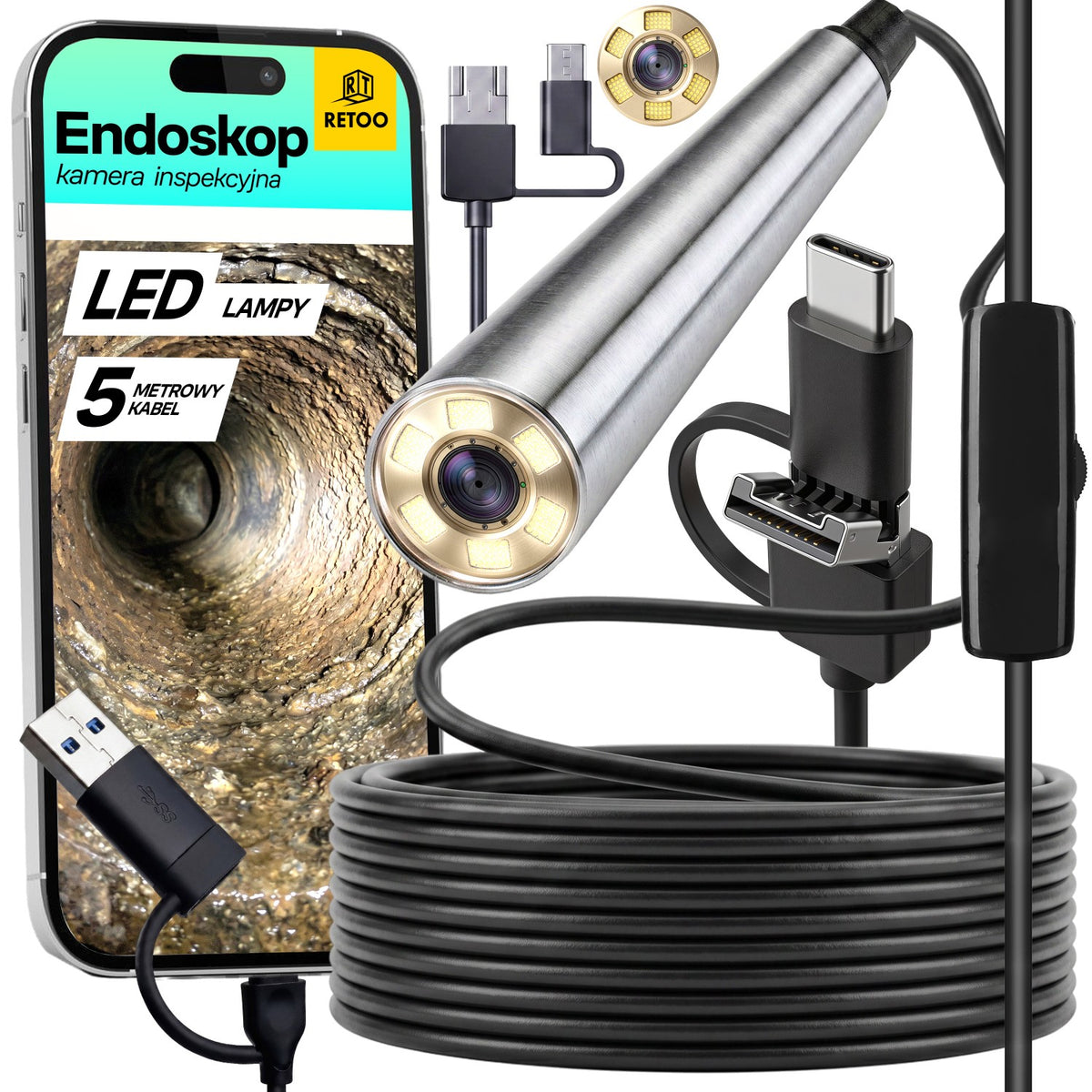 5M LED ENDOSCOPE INSPECTION CAMERA FOR USB-C PHONE 3in1 HD ANDROID PC IP67
