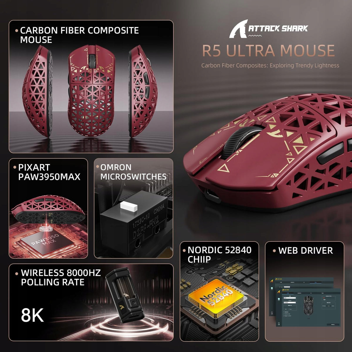ATTACK SHARK R5 Ultra gaming mouse 39g 8KHz 42000 DPI BT RGB PC Mac Manufacturer code B0FB87R97B