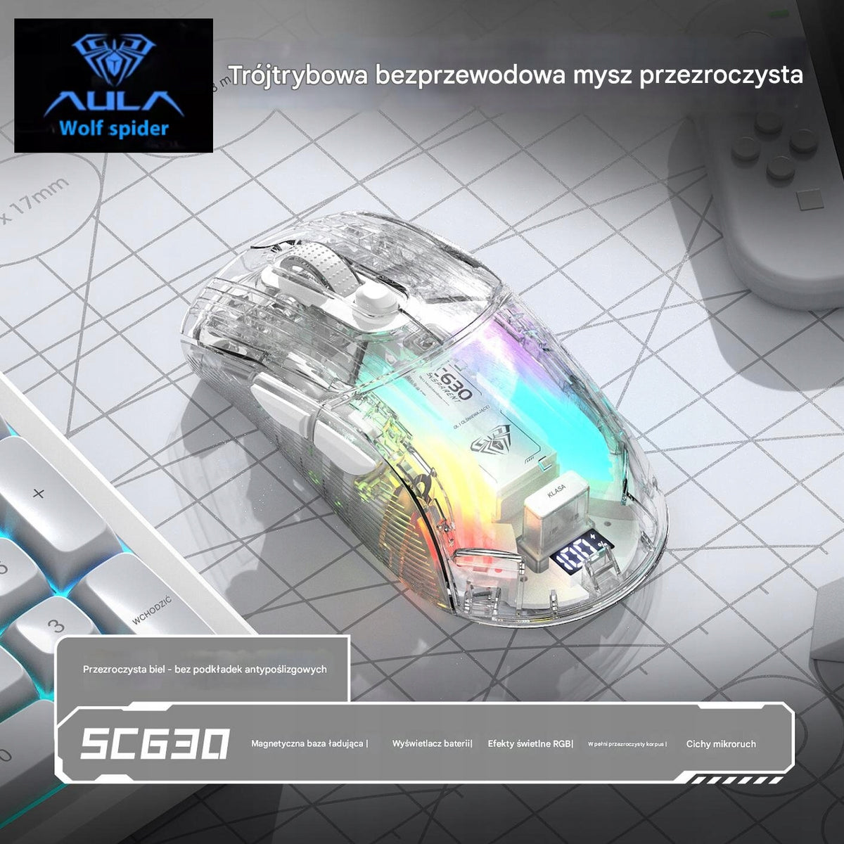 AULA SC630 Pro Transparent Gaming Mouse with Three Operating Modes, White