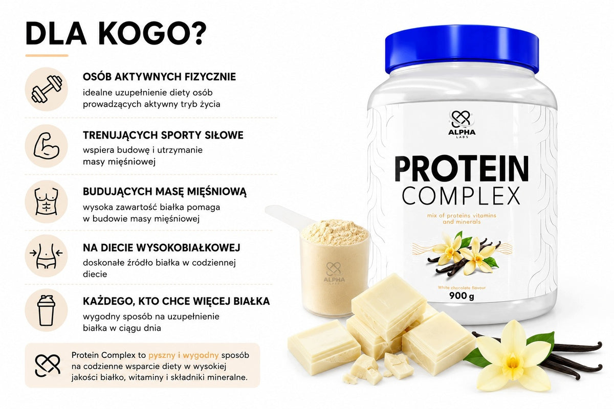Alpha Labs Protein Complex White Chocolate 900 g Packaging status original
