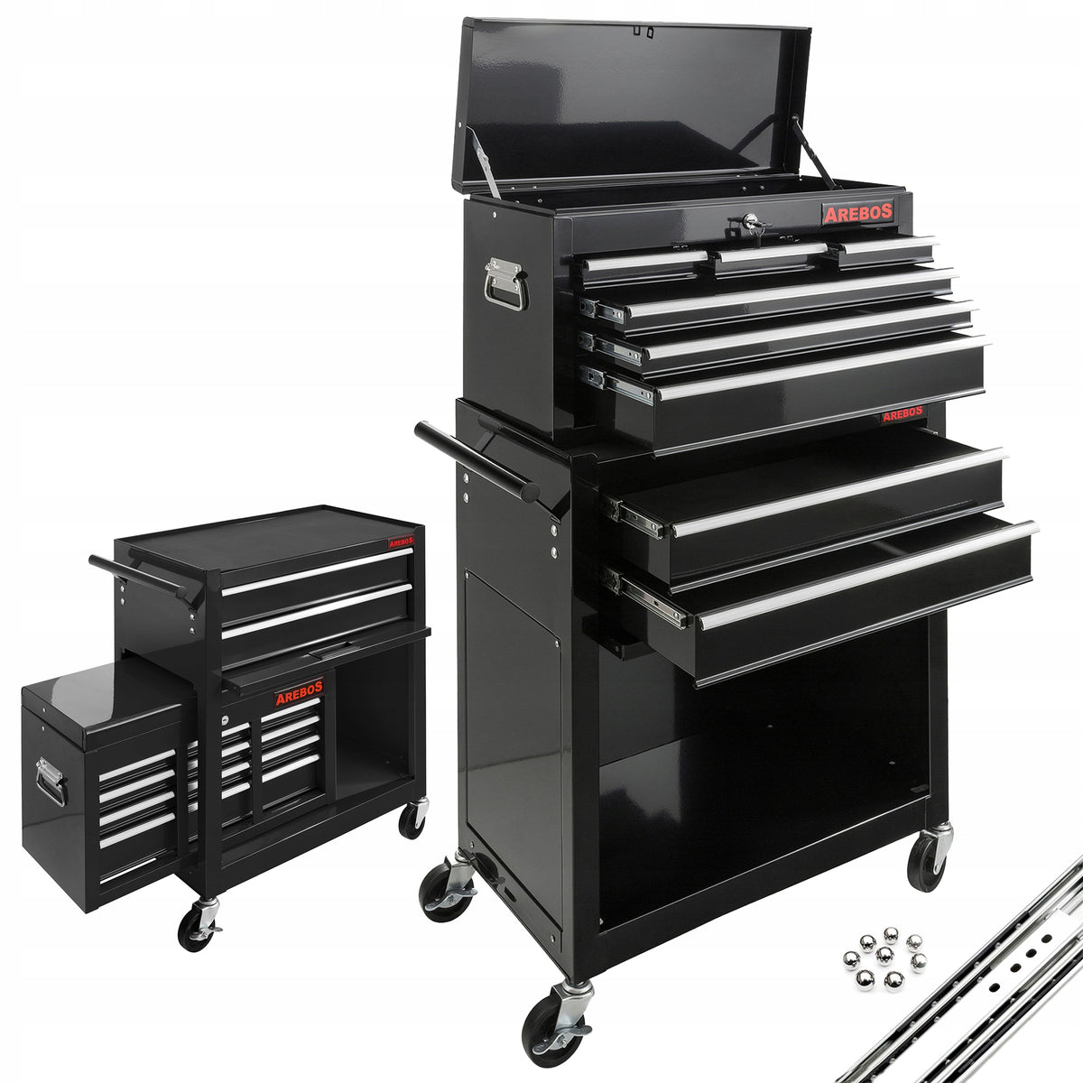 Arebos - Workshop Trolley | 9 Compartments | Lockable | Black