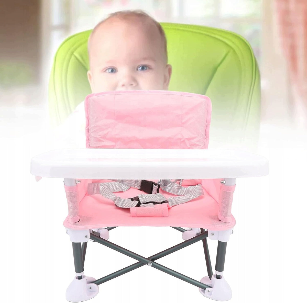 BABY HIGH CHAIR FOLDING FOR CHILDREN TRAY TABLE SEAT BELTS Color pink