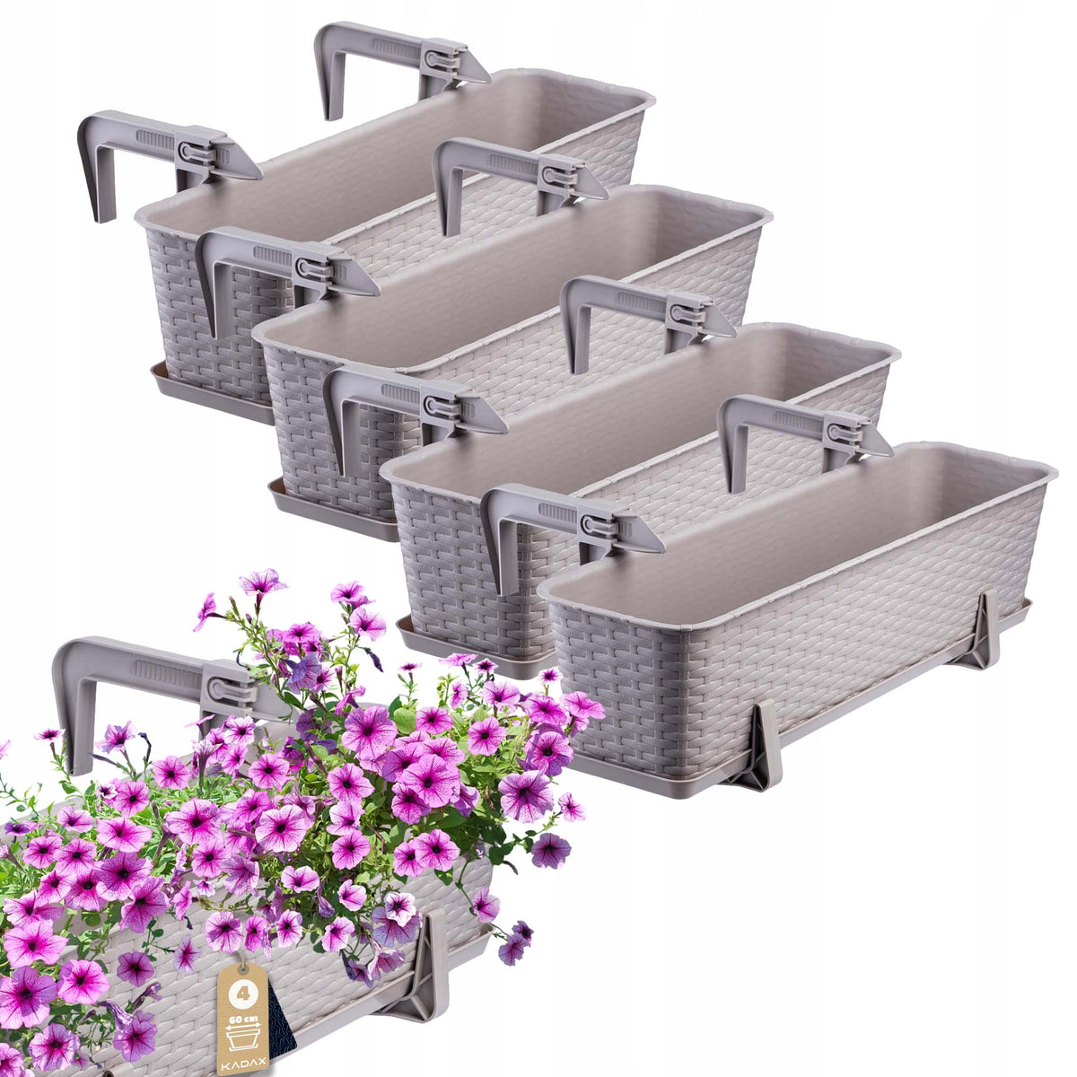 BALCONY BOX FLOWER POT 60cm HANDLES CARAMEL STAND 4 pcs
