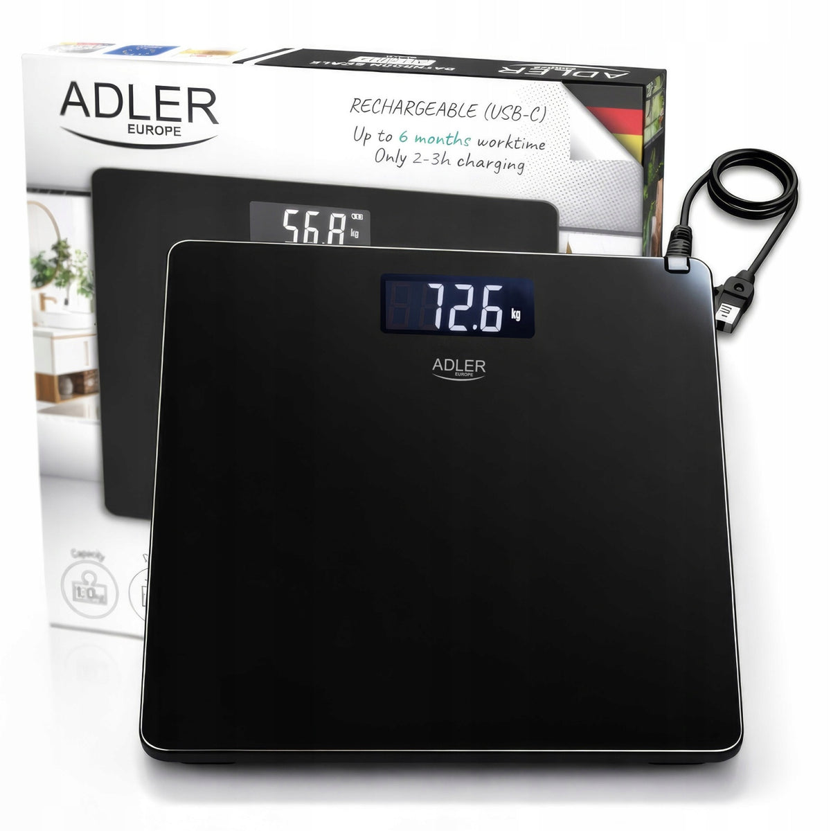 BATHROOM SCALE ELECTRONIC ACCURATE ADLER 180 KG DISPLAY LCD USB