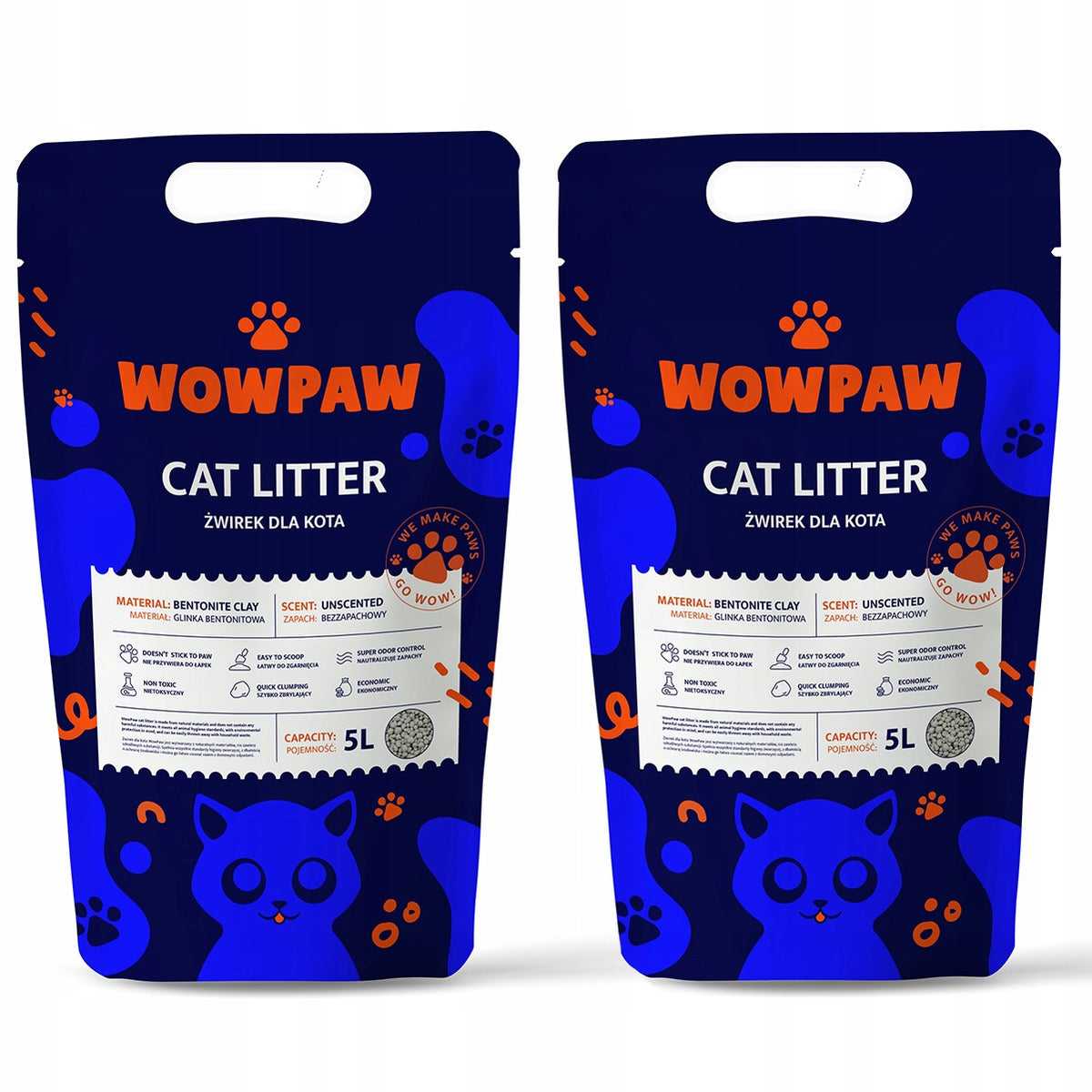 BENTONITE LITTER UNSCENTED CAT NATURAL CLUMPING DUST-FREE 2x5L