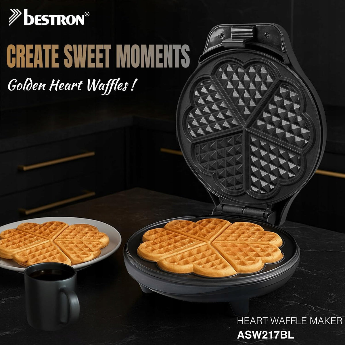 BESTRON HEART SHAPED WAFFLE MAKER 700W MATTE BLACK Packaging status original