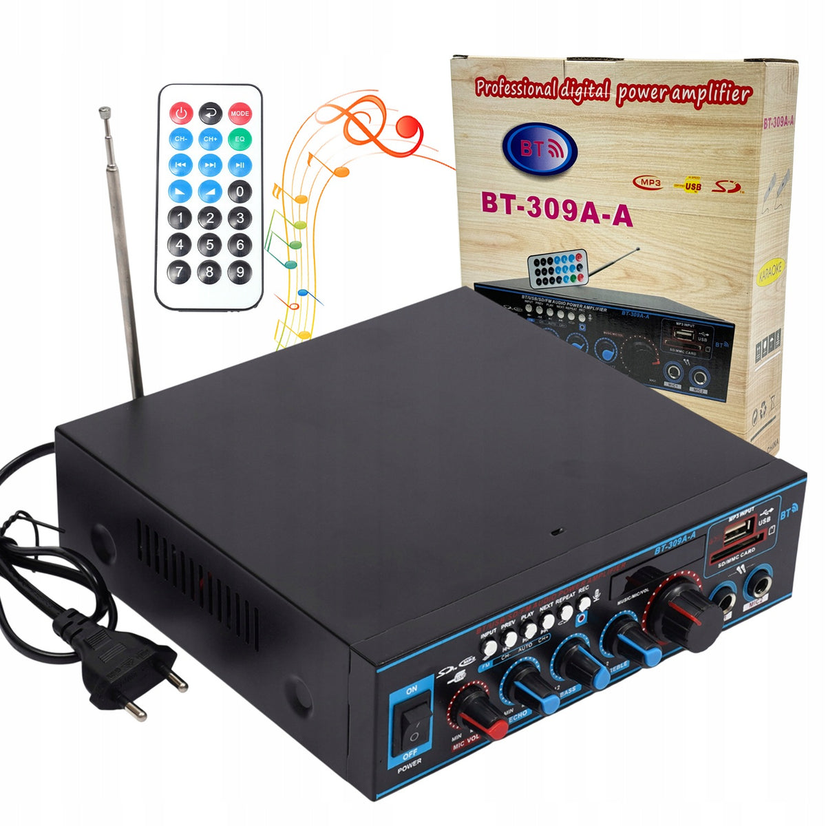 BLUETOOTH AUDIO AMPLIFIER WITH FM RADIO LCD DISPLAY AND REMOTE CONTROL BT-309A-A