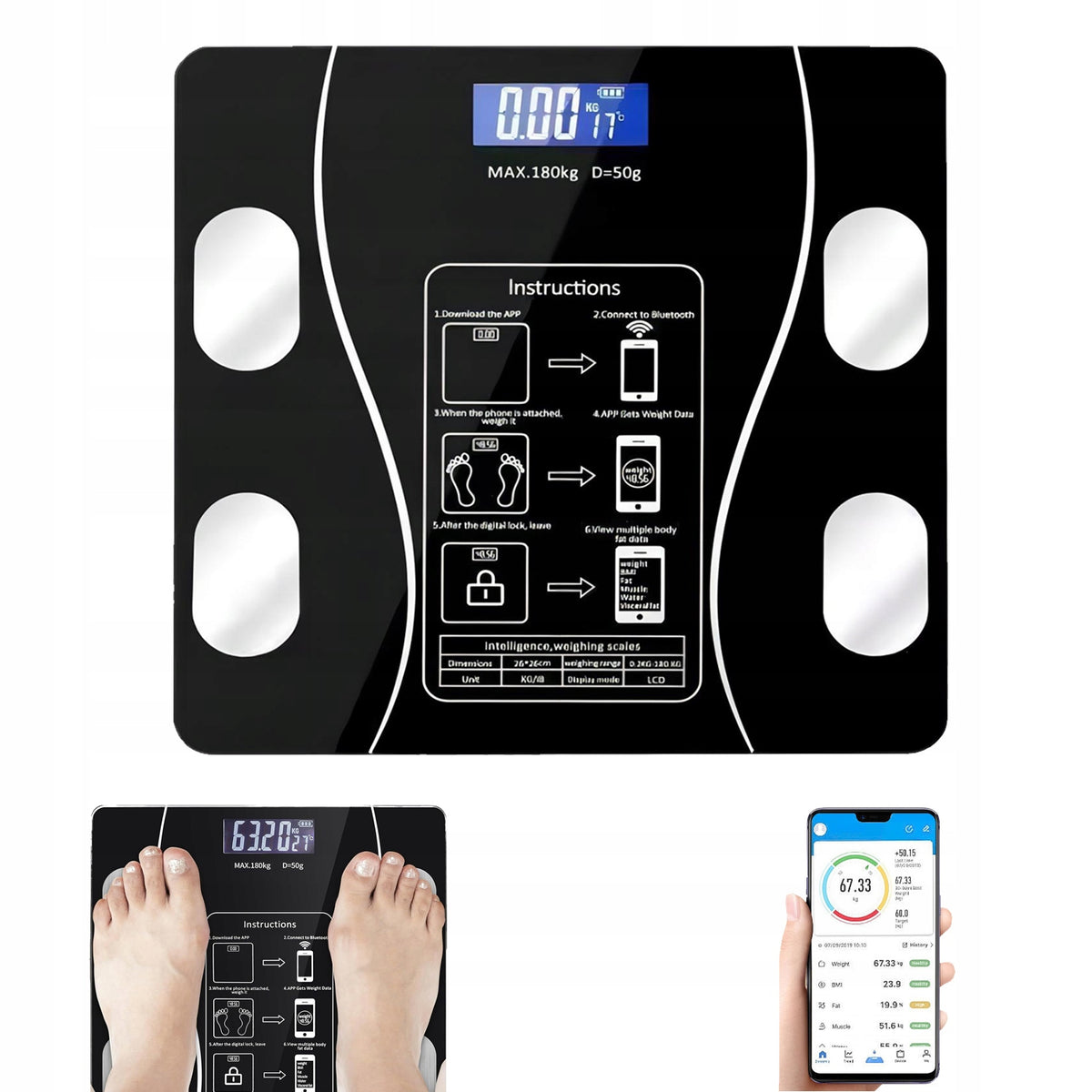 BLUETOOTH SCALE WITH MONITORING APP 0.1-180KG MUSCLE FAT MEASUREMENT