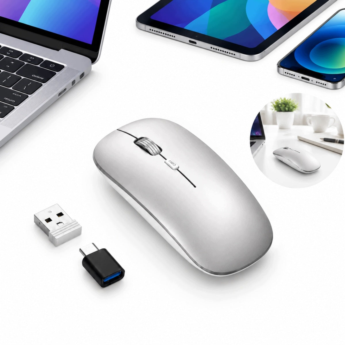 BLUETOOTH WIRELESS MOUSE 2.4G QUIET 3DPI TYPE-C SILVER FOR LAPTOP