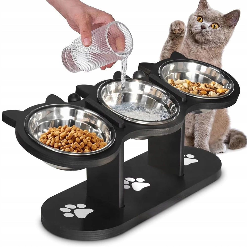 BOWL THREE METAL ON STAND WOODEN FOR DOG CAT BOWLS 3x 300ml SET