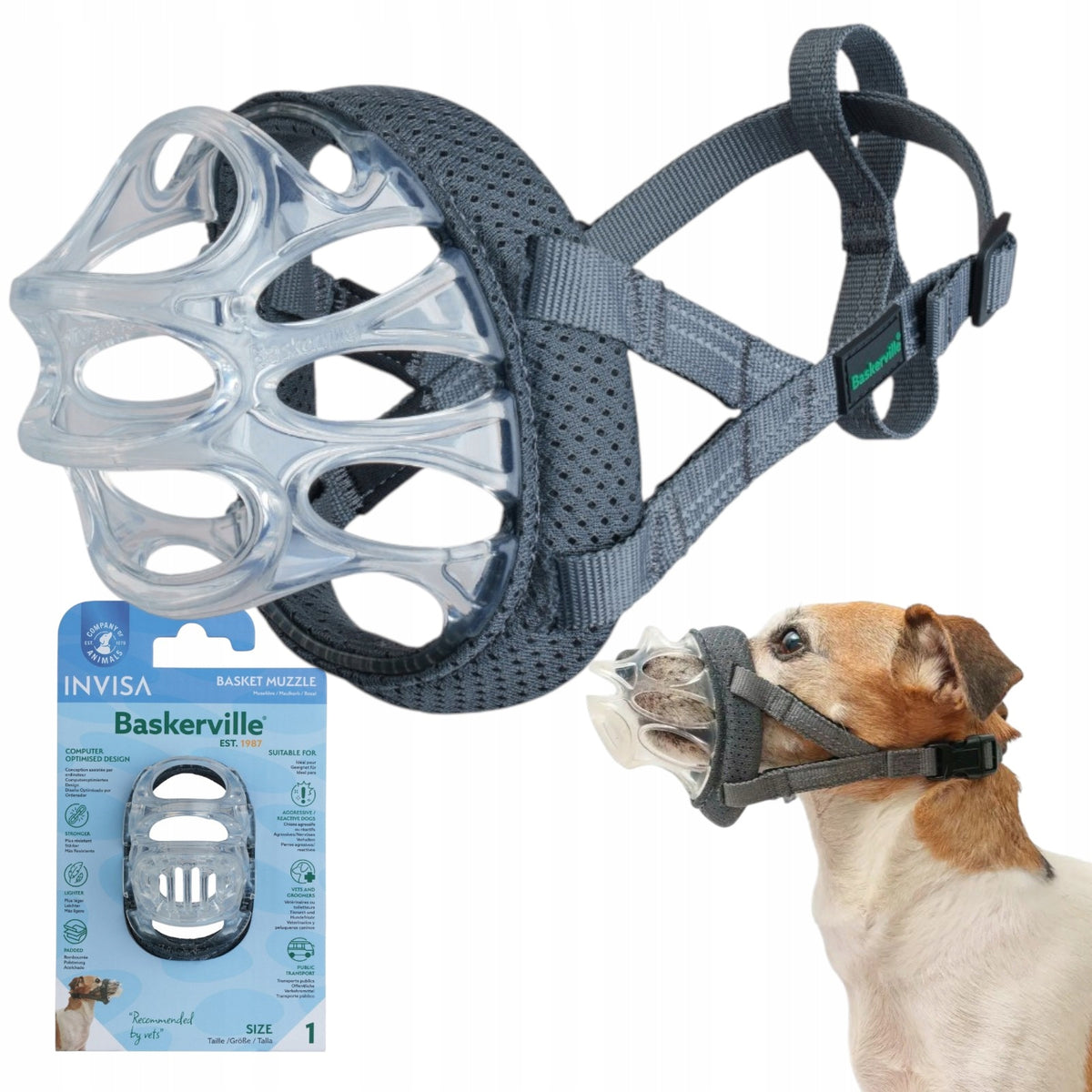 Baskerville muzzle INVISA Physiological Transparent Basket Muzzle Roz 1