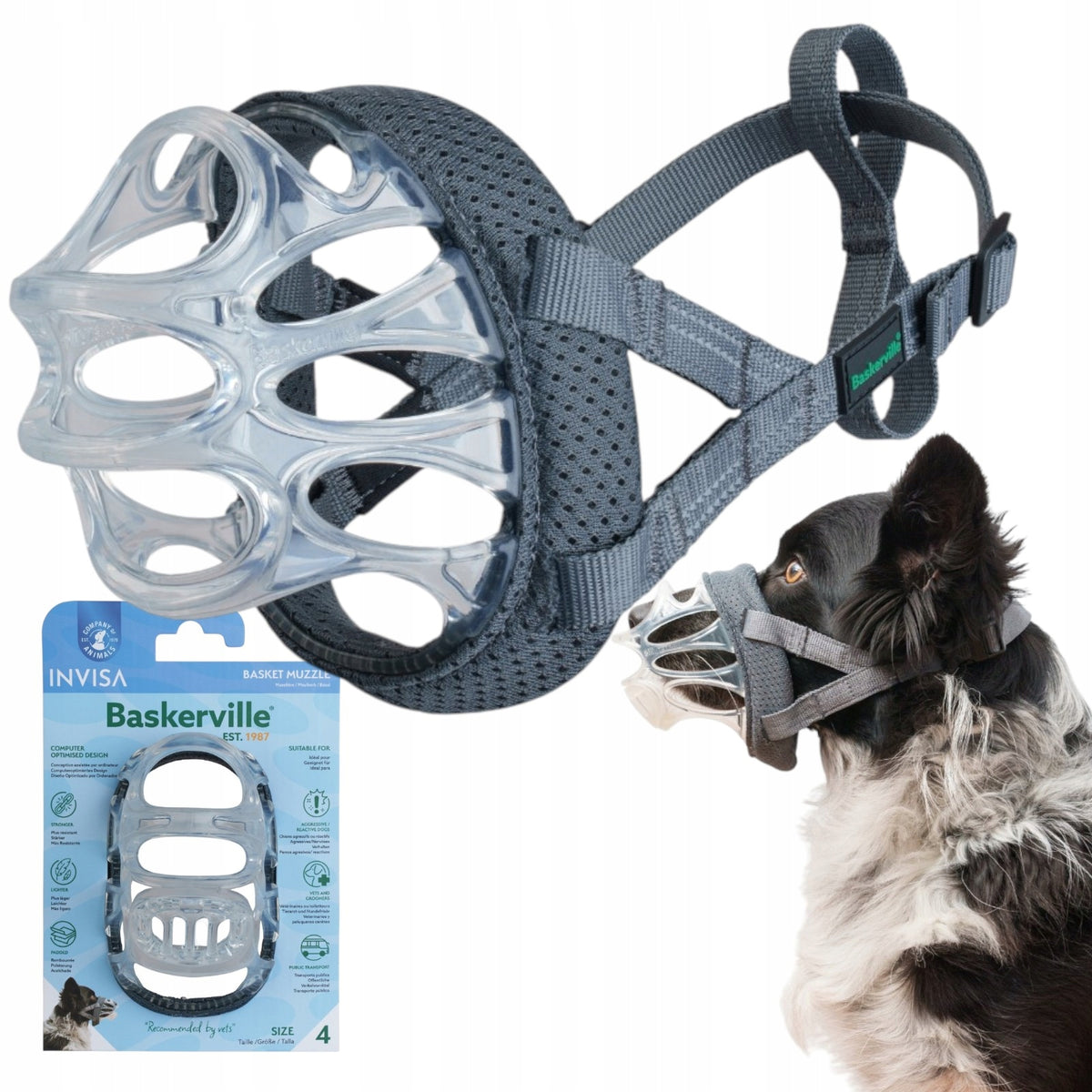 Baskerville muzzle INVISA Physiological Transparent Basket Muzzle Roz 4