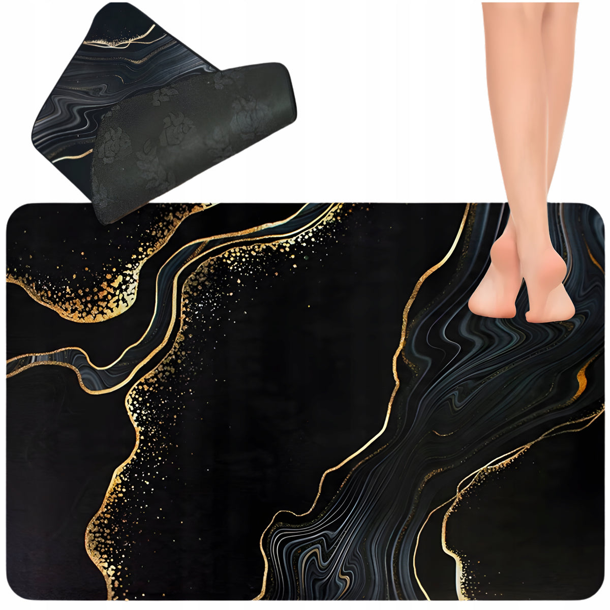 Bathroom Rug Xl 80X50 Black Marble Anti-Slip Quick Drying Mat