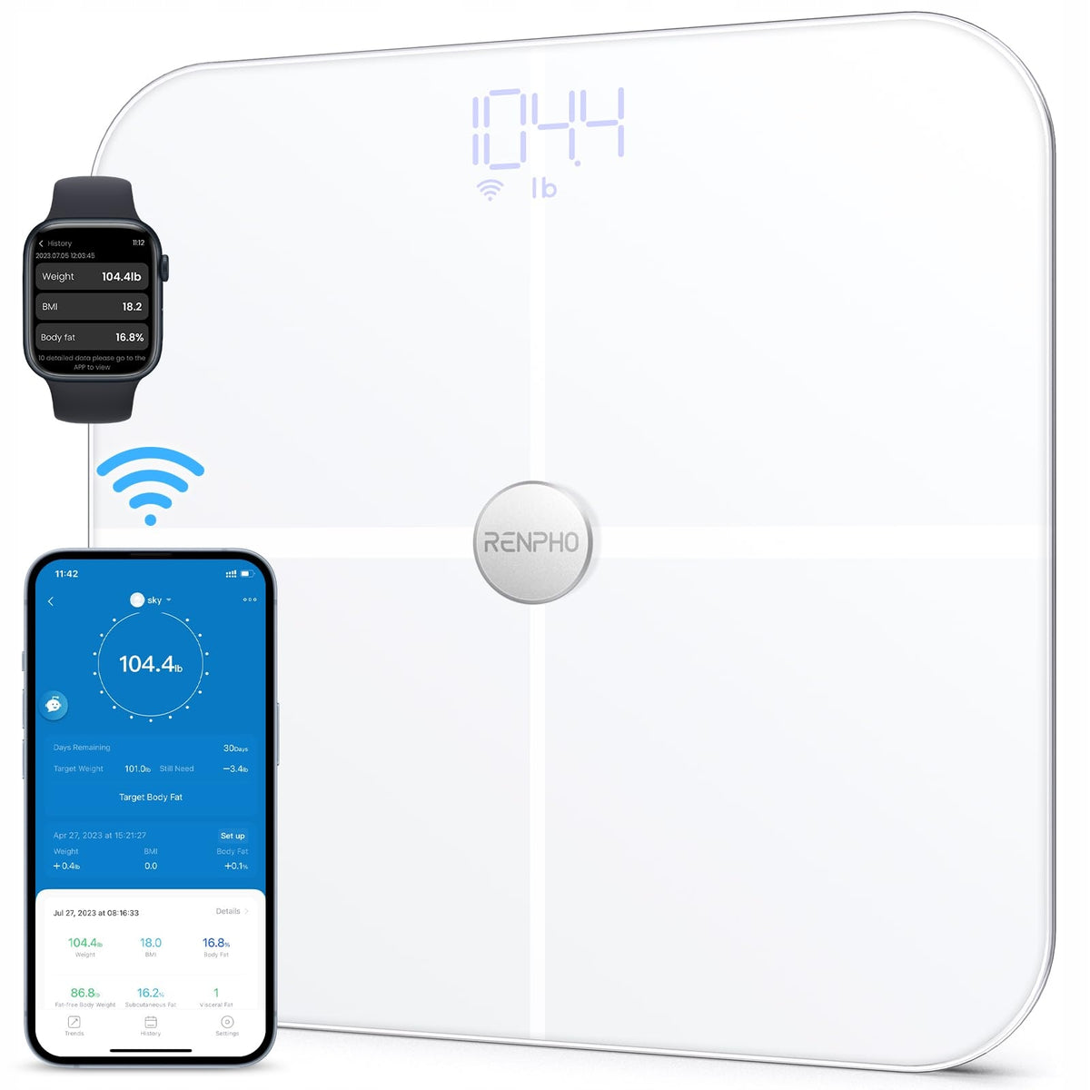 Bathroom Scale Digital Bluetooth Wi-Fi Body Composition Analysis Renpho White