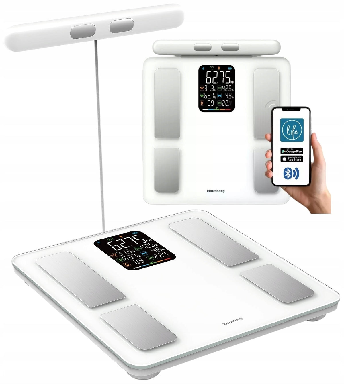 Bathroom scale with handle, electronic, precise body composition, White