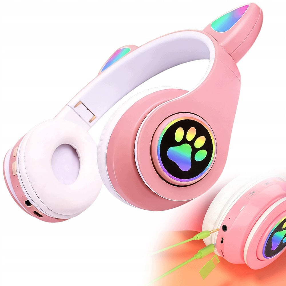 CAT EARS BLUETOOTH 5.0 PINK FOLDING LED HEADPHONES FOR GIRLS