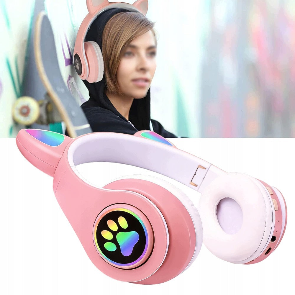 CAT EARS WIRELESS BLUETOOTH 5.0 PINK FOLDING LED HEADPHONES Packaging status original