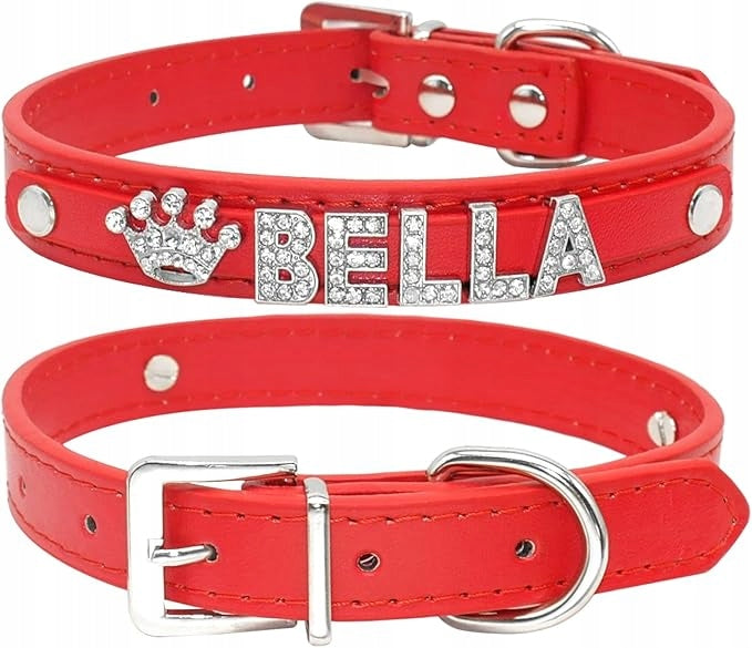 CAT IDENTIFIER LEATHER COLLAR WITH NAME PERSONALIZED RED