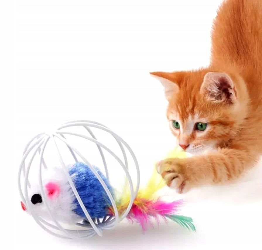 CAT TOY BALL MOUSE WITH FEATHERS RATTLE INTERACTIVE