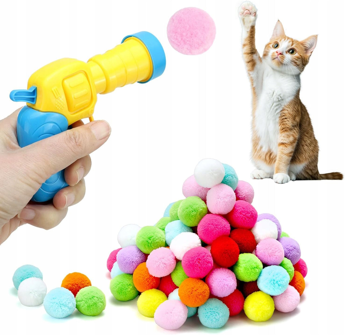 CAT TOY SET CAT TOY 100 POMPOM BALLS + GUN
